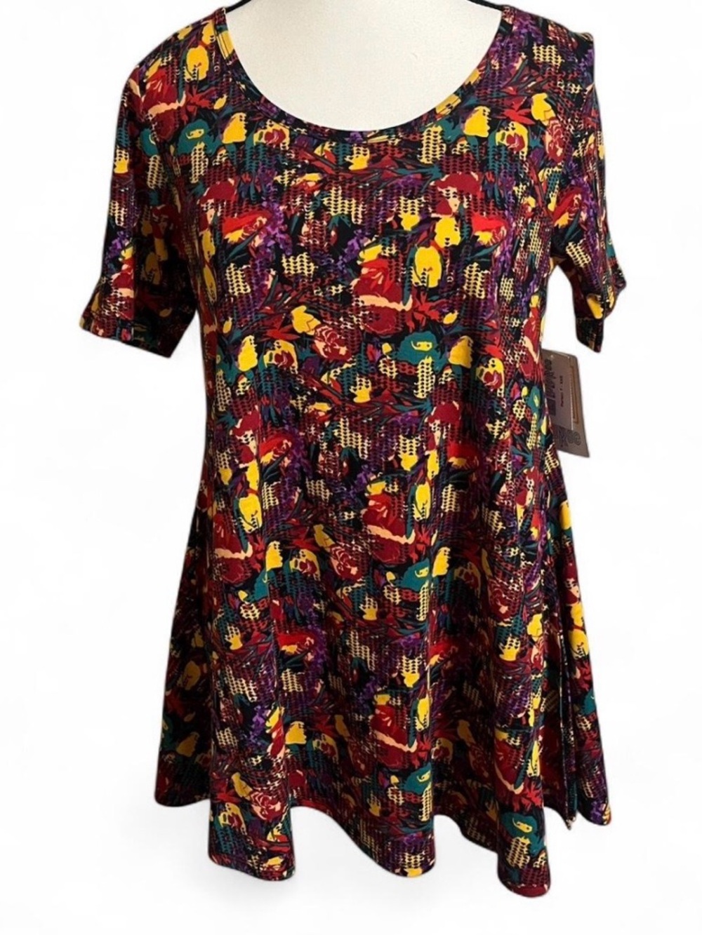 LuLaRoe Top Sz XXS PERFECT T Geometric Print Side Slit Short Sleeves Round Neck